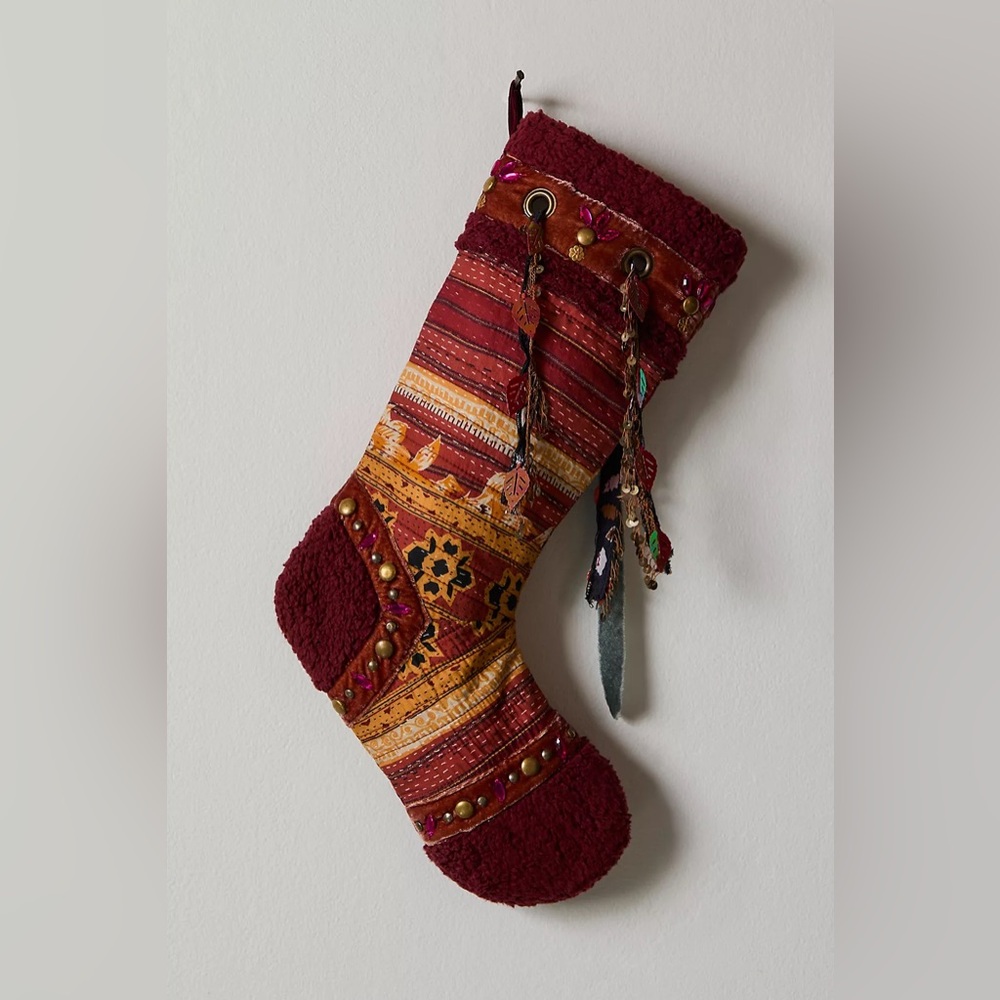 Free People Red and Gold Boho Holiday Stocking